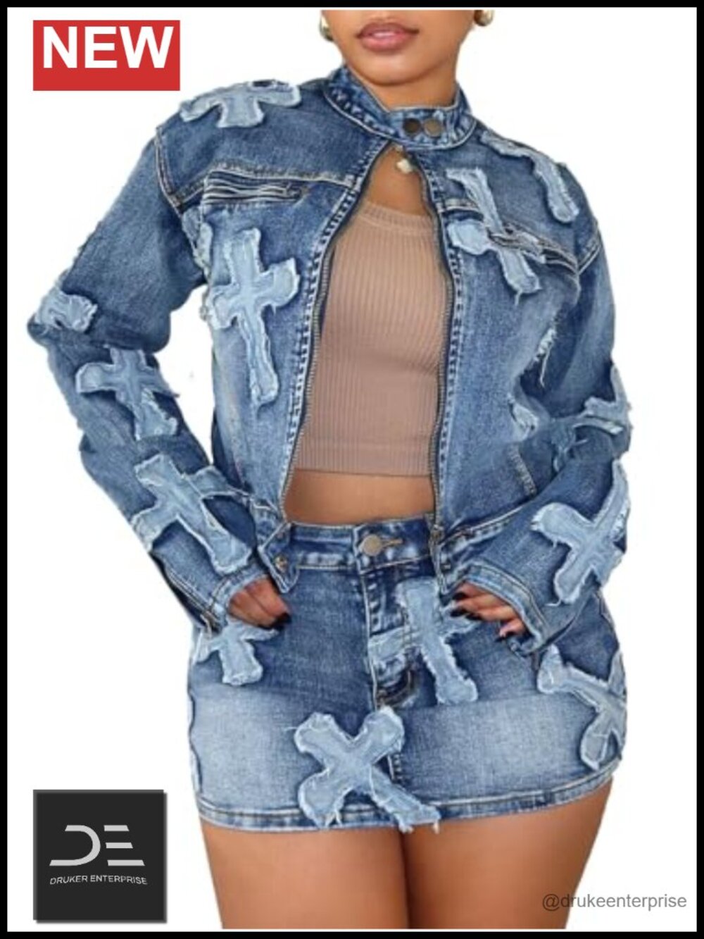 Denim 2 Piece Skirt Set Cropped Jacket Y2K Streetwear
